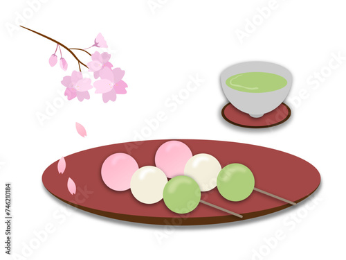 三色のお花見団子とお茶と桜のイラスト