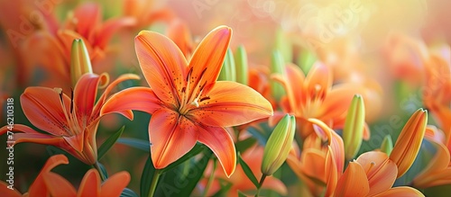 A close-up view of a bunch of vibrant orange lilies  showcasing the intricate details of the flowers and their captivating color.