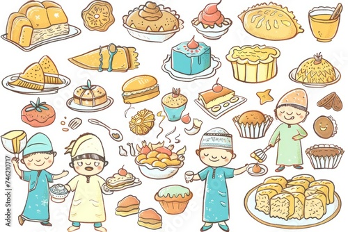 Cartoon cute doodles of characters preparing traditional Eid desserts and treats, such as baklava, maamoul, and sheer khurma, Generative AI