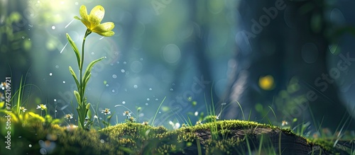 A small yellow flower is perched delicately on top of a lush green moss-covered ground. The vibrant contrast between the flower and the moss creates a striking natural scene in a forest setting.
