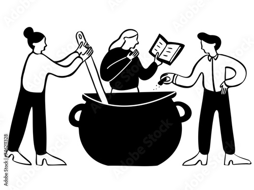 People in a team cooking in a cauldron