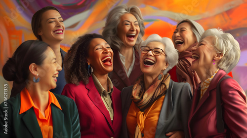 A group of seven senior women of various ages, body skin colors, and nationalities are laughing and enjoying together. Old white, black and Asian women are having a good time. Colorful background.