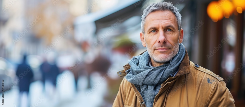 A doubtful middle aged man standing on a street, wearing a scarf around his neck. A doubtful middle aged man standing on a street, wearing a scarf around his neck.