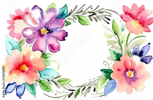 Watercolor flowers for postcard template, decorative wreath of leaves. Purple and pink Watercolour composition for wedding invitation. Space for text in the middle.