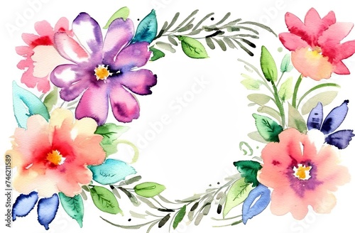 Watercolor flowers for postcard template  decorative wreath of leaves. Purple and pink Watercolour composition for wedding invitation. Space for text in the middle.