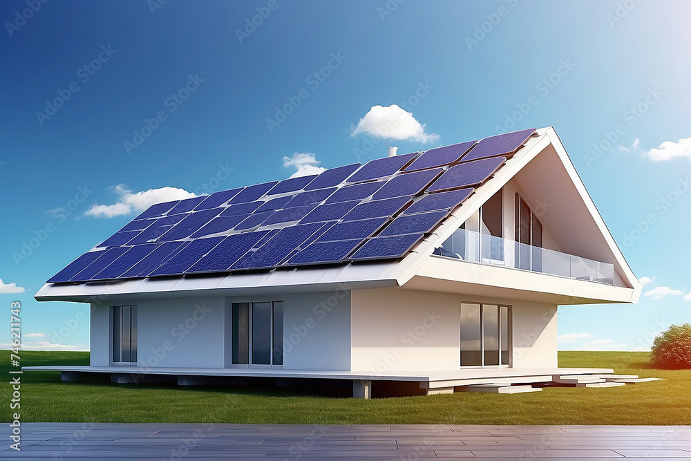 futuristic generic smart home with solar panels rooftop system for renewable energy concepts as wide banner with copy space area. Generative AI futuristic generic smart home with solar panels rooftop system for renewable energy concepts as wide banner with copy space area. Generative AI