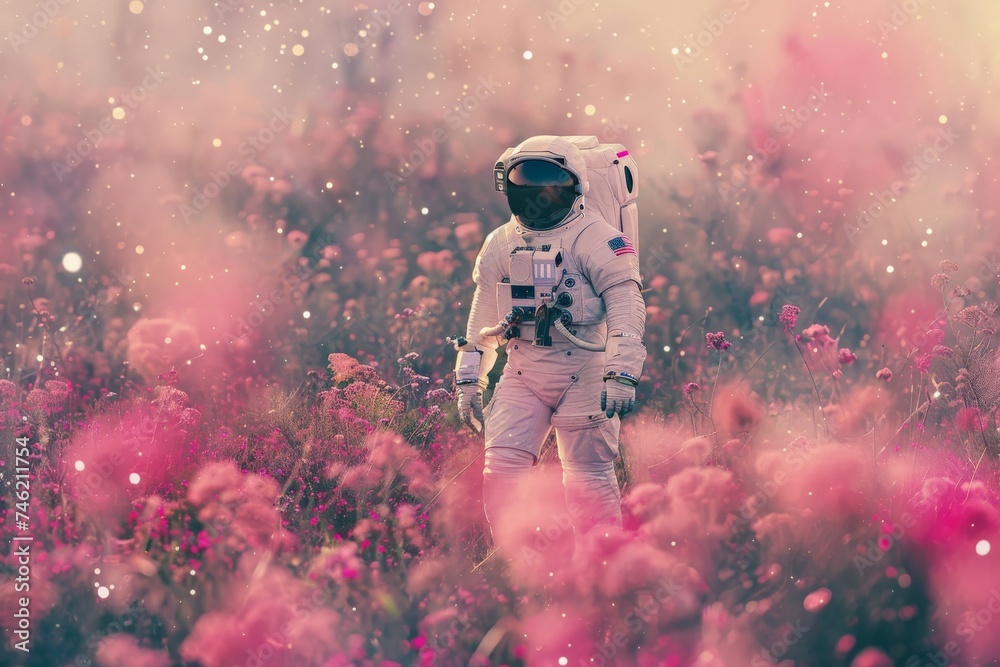 poster art an astronaut walking through a field full of pink flowers, backgrounds or wallpaper