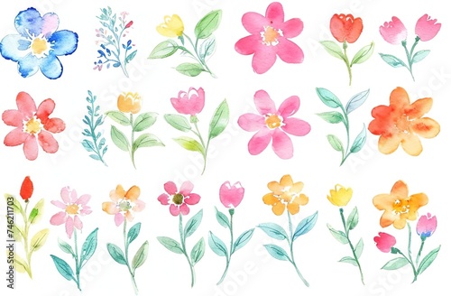 Watercolour set of flower elements, painted floral collection with petals and leaves on white background. Watercolor decoration for wedding invitation, greeting postcard template.