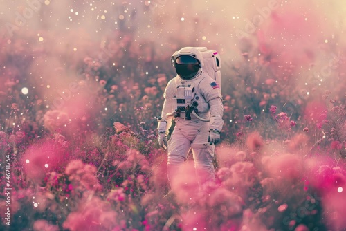 poster art an astronaut walking through a field full of pink flowers, backgrounds or wallpaper
