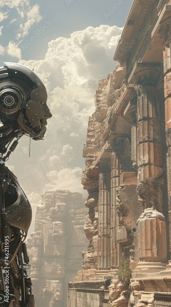 Naklejka premium An intricate depiction of robotics integrated into ancient ruins, their metallic limbs blending seamlessly with the decaying structures, a chilling reminder of past civilizations