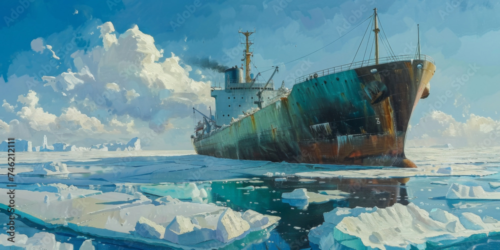 Fototapeta premium oil painting of a large ship with ice floating around it, generative AI