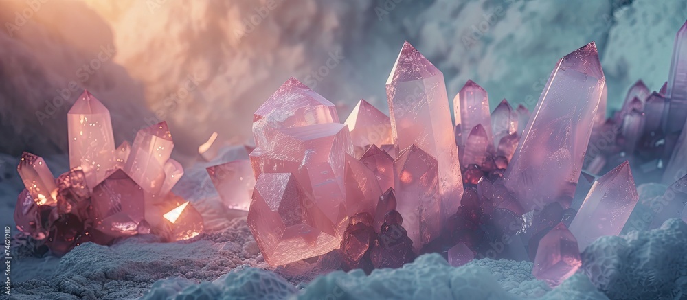 A group of pink crystals, likely rose quartz minerals, contrast against the white snow they are sitting on. The crystals appear to be glittering under the light, creating a striking visual contrast in - obrazy, fototapety, plakaty 