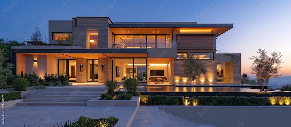 A stunning showcase of impeccable house construction design, featuring a large modern house with a pool in front of it.