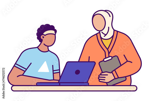 Woman helping a male colleague at work