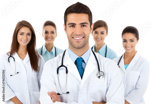 Portrait of group of medical professional team of doctors in hospital isolated on white background