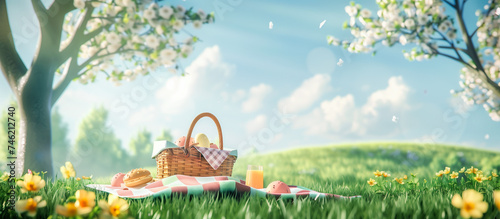 summer picnic set up on park background photo