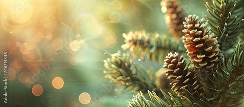 A detailed view of young pine cones growing on a pine tree  with a blurred background showcasing beautiful bokeh. The cones are green and still in the process of maturing.