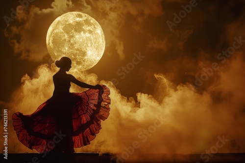 In the fiery passion of a flamenco dancer's movements, the moon watches silently from above, casting a haunting glow on the scene photo