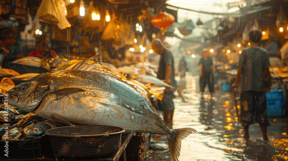 A fish is displayed on the ground in a market setting, showcasing fresh produce for sale.