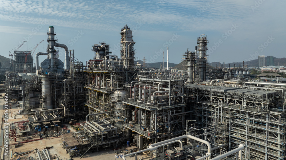 industrial plant construction, large new oil refinery and petrochemical construction project, aerial view industrial plant construction, large new oil refinery and petrochemical construction project, aerial view
