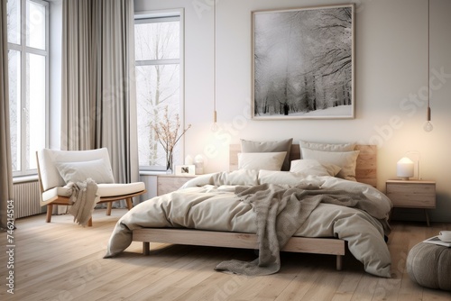 Minimalistic Scandinavian bedroom furniture room. Decor rug. Generate AI