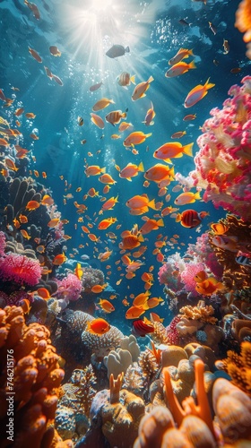 A large group of fish swimming together over a vibrant coral reef in the ocean. © Sasha Cine