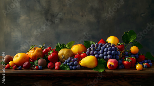 Uma variedade irresistível de frutas e legumes frescos em uma mesa rústica iluminada por luz natural suave photo