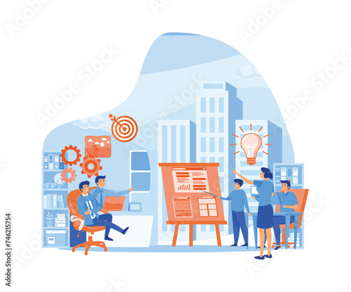Business Idea concept. Working people are looking for new ideas and career-enhancing decisions towards success. flat vector modern illustration