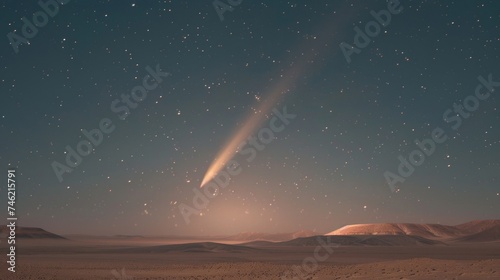 The celestial event of Comet Neowise captured in the night sky above a serene desert landscape.