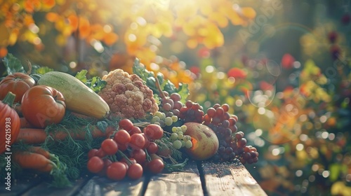 A vibrant display of fresh harvest vegetables and fruits basking in the warm sunlight on a wooden surface.