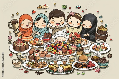 Cartoon cute doodles of characters enjoying a delicious Eid feast together, with plates filled with mouthwatering dishes and sweets, Generative AI