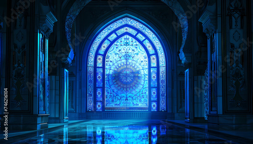 a blue stained glass window in a room