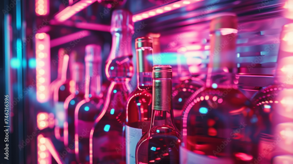 The glass door of a wine cooler revealing rows of perfectly chilled wine bottles inside. The glass door of a wine cooler revealing rows of perfectly chilled wine bottles inside.
