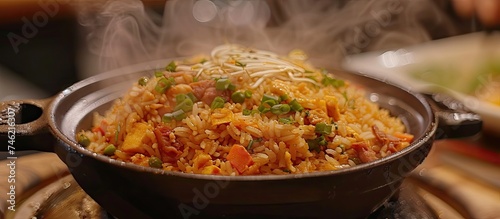 A bowl filled with sizzling fried rice topped with leftover sauce, steam rising from the hot dish, creating an inviting and appetizing scene.