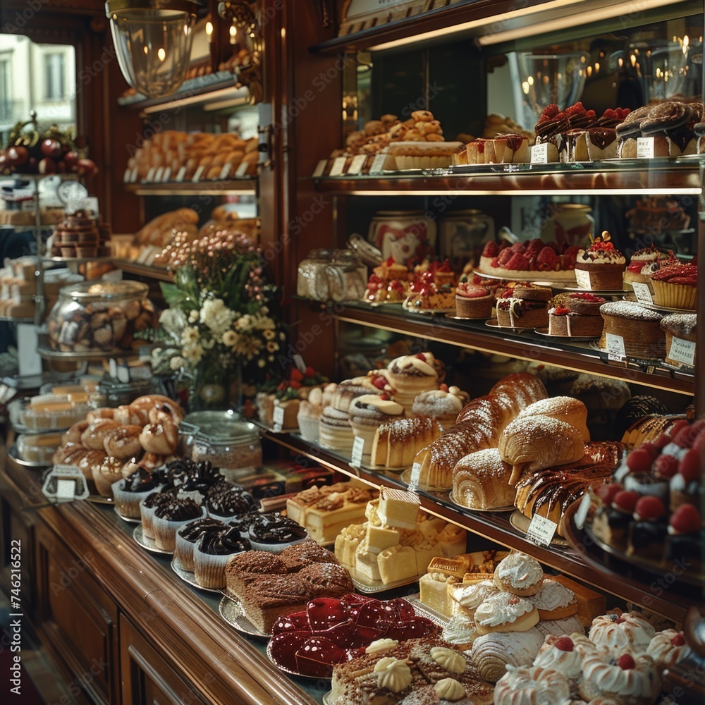 A variety of cakes filling a bakery, showcasing different flavors, shapes, and decorations.