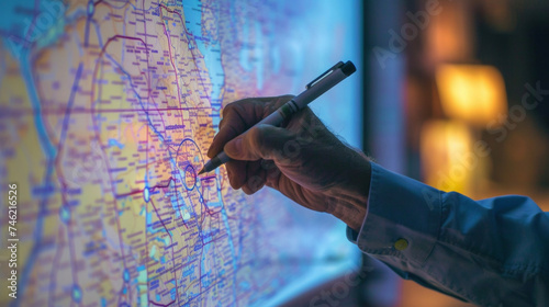 A hand holding a pen circling potential outbreak hotspots on a map projected onto a whiteboard. photo