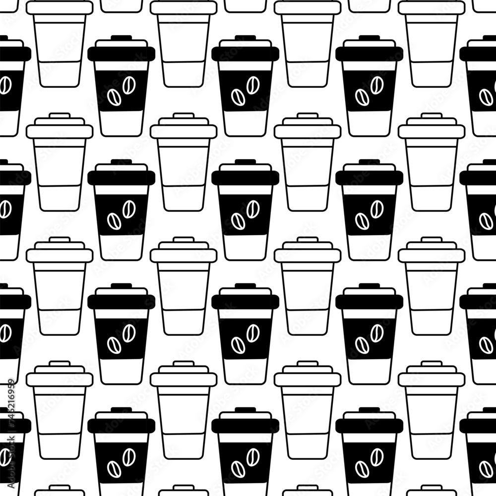 Fototapeta premium Disposable coffee cups seamless pattern. Abstract outline drawn background texture for coffee day
