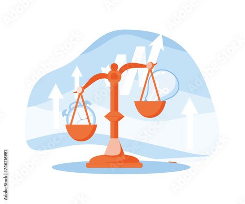 Business Idea concept. Balance between time and cost of an idea. Payment of creativity. Mechanical scales with clock and light bulb in pans. flat vector modern illustration 
