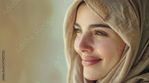 Muslim Woman with Hijab at Copy Space. Islam, Ramadan, Religion, Culture, Person, Lady, Female 