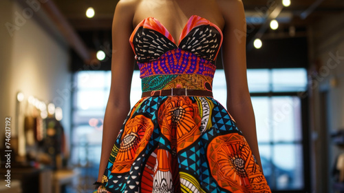 Make a bold statement with this dress featuring a 3D printed bodice and a traditional African print fabric skirt.