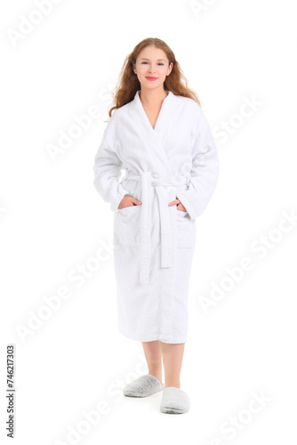 Young woman in bathrobe on ...