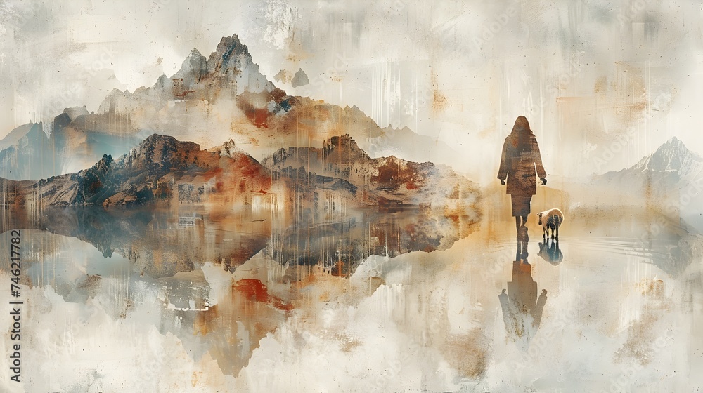 Fototapeta premium Oil Painting of a Person and Dog in Mountain Landscape