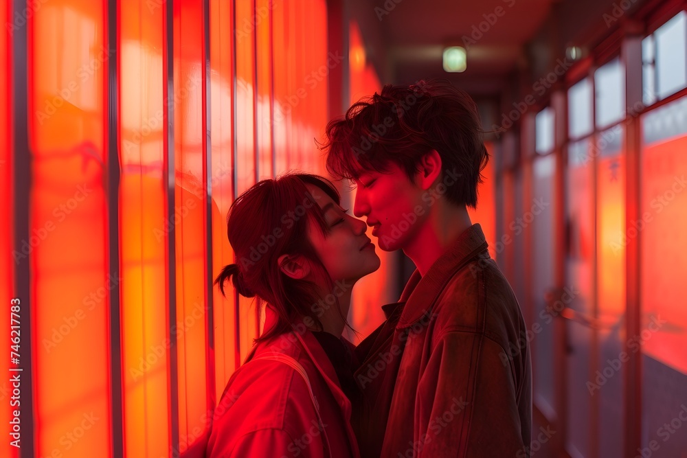 Romantic Couple in Kawaii Aesthetic with Red Stripe Wall Romantic Couple in Kawaii Aesthetic with Red Stripe Wall