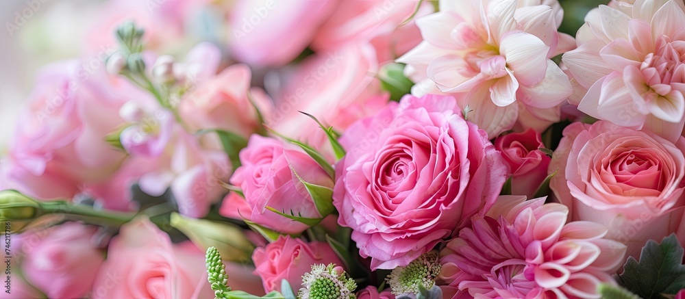 A collection of pink flowers arranged in a vase, showcasing traditional bridal bouquet colors and shapes. The delicate blooms add a touch of elegance and beauty to the room.
