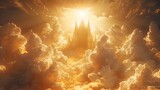 Gothic Futurism Cathedral in Golden Clouds 4K HD Wallpaper