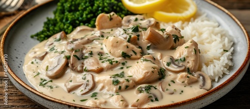 A white plate featuring a delicious combination of rice and mushrooms topped with a cream sauce, lemon juice, and chicken fillet.