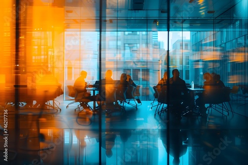 Blurred Conference Room Scene in Dark Teal and Orange Style