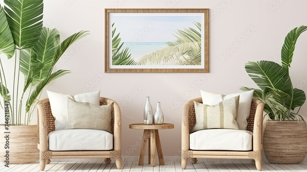 modern living room interior with chairs, plants and picture frame modern living room interior with chairs, plants and picture frame