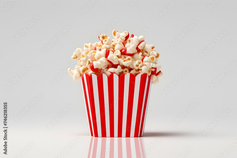 Delicious popcorn in decorative paper popcorn bucket isolated on white background.
