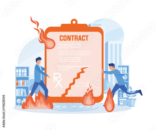 Contract agreement concept. Vector concept of termination of an agreement. Two man on suit tearing contract. Businessman in workspace. flat vector modern illustration 